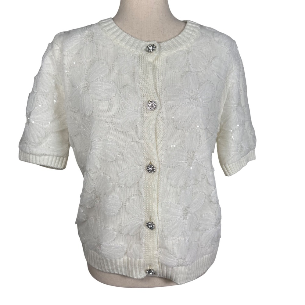 Maeve Ivory Floral Sequin Cardigan Womens Medium Short Sleeve Rhinestone Coastal